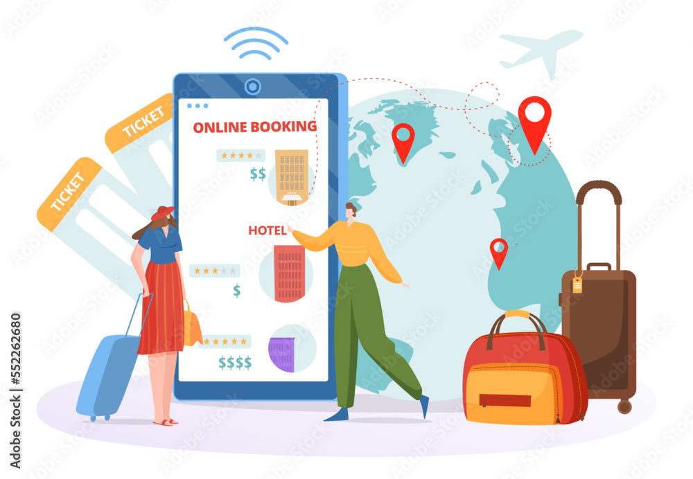 Reservation service online, vector illustration, plan travel in internet, flat tiny man woman character use smartphone app technology for booking