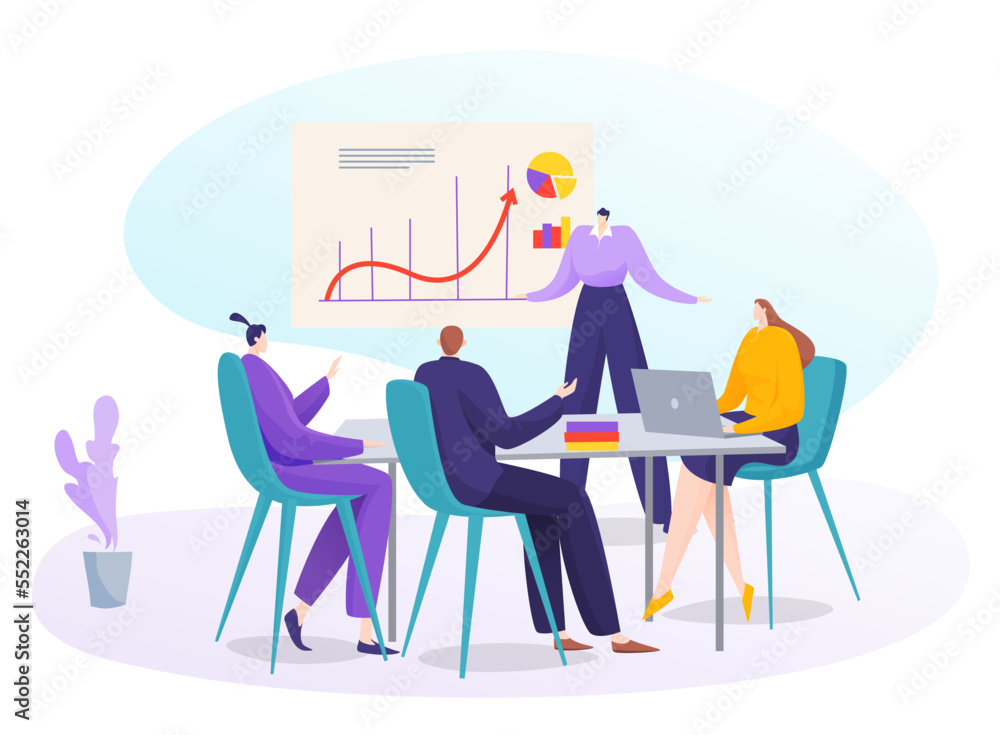 Business conference with graph presentation, vector illustration, flat man woman character at teamwork meeting, girl show chart to people team
