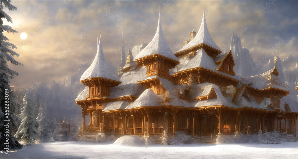 Obraz premium An ancient temple, in a winter landscape.