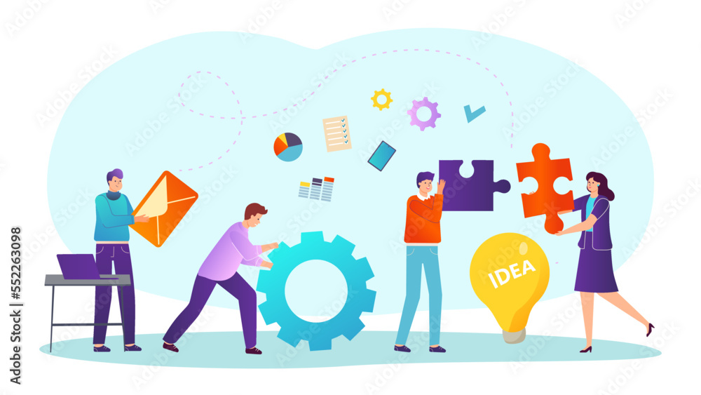 Business people teamwork concept, vector illustration, flat tiny man woman character use puzzle, gear, message icon in team communication.