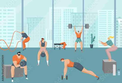 Workout training in gym, cross fit exercise, vector illustration, flat people character use sport equipment, kettlebell, barbell, rope.