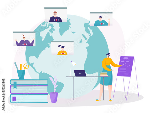 Online learning with video call technology, vector illustration, tiny teacher character use computer, internet for education, flat student