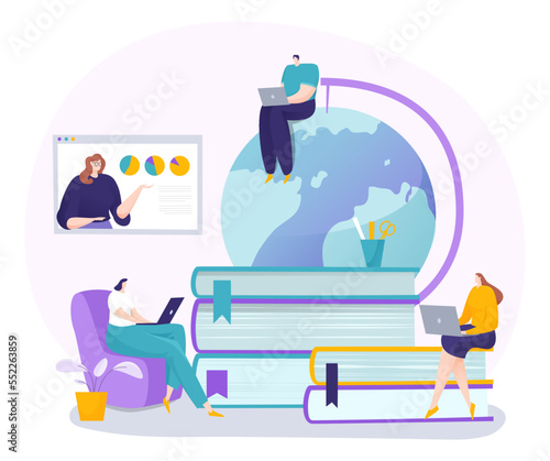 Education online for student, vector illustration, flat tiny man woman character learning at distance school class, sitting at books, armchair, globe.