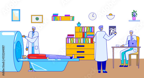 Line doctor in hospital, vector illustration, flat patient man character lay at mri equipment, medical magnetic resonance imaging scanner.