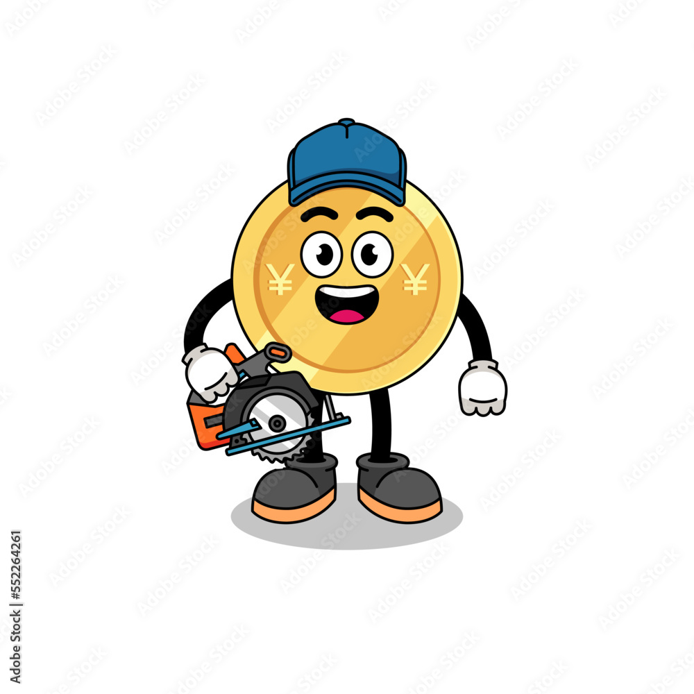 Obraz premium Cartoon Illustration of japanese yen as a woodworker