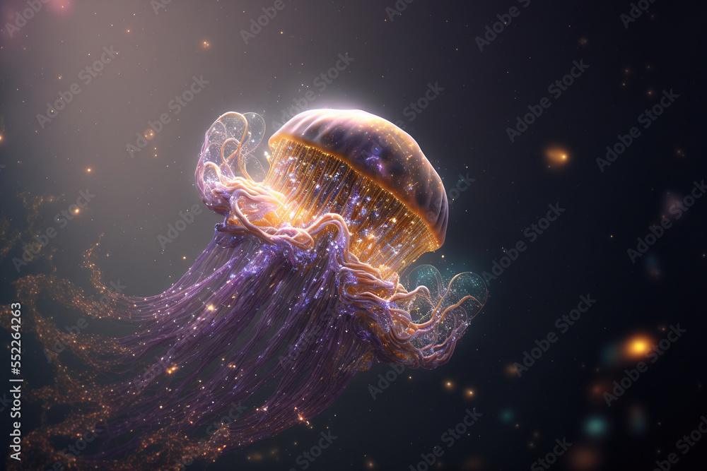 Obraz premium jellyfish in the water,jellyfish in the ocean,moon and space,moon and stars,shine,star,glowing