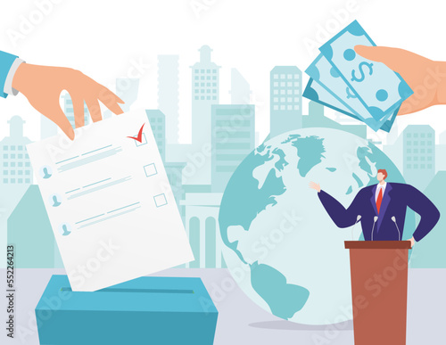 Election candidate give money for vote, corruption concept vector illustration, huge voter character hand put poll document form in box.