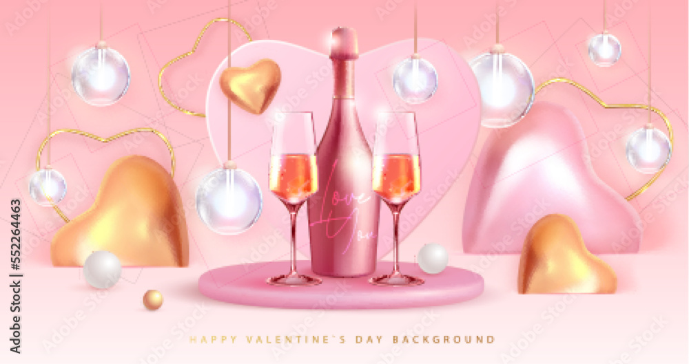 Happy Valentines Day poster with 3D love hearts and champagne bottle with glasses. Vector illustration