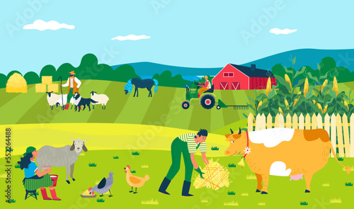 Farm with field, animals, vector illustration. Farming flat people character at agriculture nature, man woman care about cow, goat, chicken, sheep.