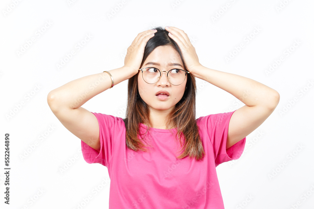 Hands on Head with WOW Face Expression Of Beautiful Asian Woman Isolated On White Background Hands on Head with WOW Face Expression Of Beautiful Asian Woman Isolated On White Background