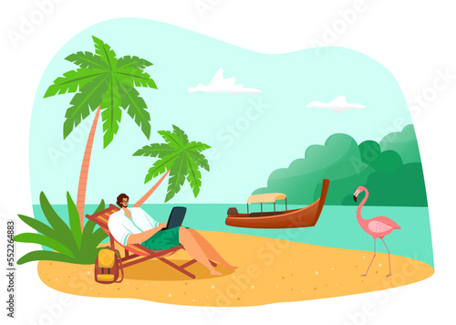 Freelancer work at tropical beach with laptop, vector illustration, flat freelance worker man character use laptop near summer sea.