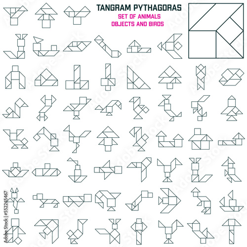 Set of Tangram Puzzle Line. Pythagoras square.