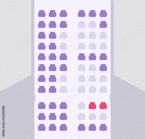 Seats plane map booking ui scheme vector or airplane place choose order interface selection online design, aircraft chair reservation layout chart top view app illustration, aeroplane inside indoor