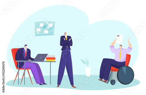 Job rejection concept, vector illustration, flat disabled man character hold cv, look for business work, boss person show refuse gesture.