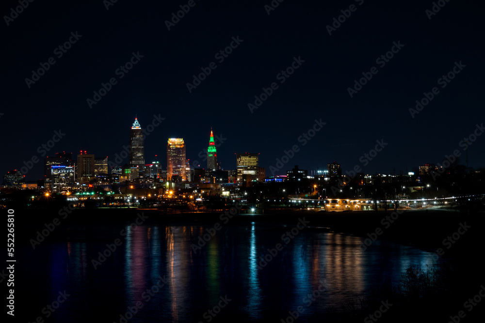 Colorful Cleveland cityscape at nighttime.