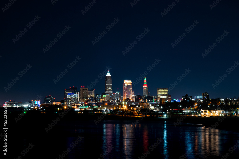 Cleveland cityscape at nighttime.