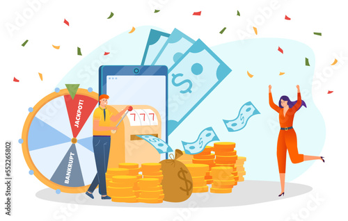 Win lottery concept, vector illustration, flat tiny man woman character stand near lucky wheel, online gambling with jackpot prize money.
