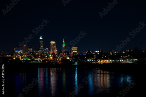 Colorful Cleveland cityscape at nighttime.