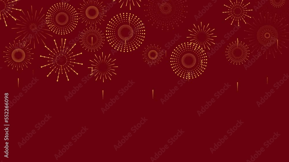 New year with golden fireworks on red background with copy space, flat style design for Chinese new year and holiday banner