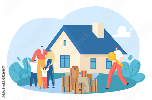 Mortgage rent for property concept, vector illustration, flat owner character give home key to family, parent children buy house apartment.