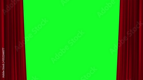 Opening wavy red curtain on green screen background for circus, theater, cinema or opera performance