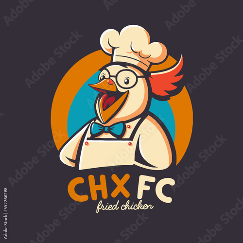 illustration of fried chicken rooster chef mascot logo for food restaurant concept branding in vector cartoon style