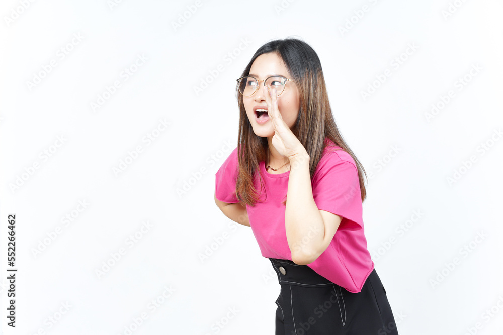 Announcement with hands over mouth Of Beautiful Asian Woman Isolated On White Background Announcement with hands over mouth Of Beautiful Asian Woman Isolated On White Background