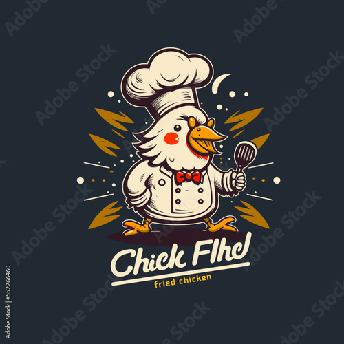 illustration of fried chicken rooster chef mascot logo for food restaurant concept branding in vector cartoon style