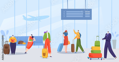 Airport terminal for travel concept, vector illustration, flat man woman character passenger wait for travel, departure by airplane with luggage.
