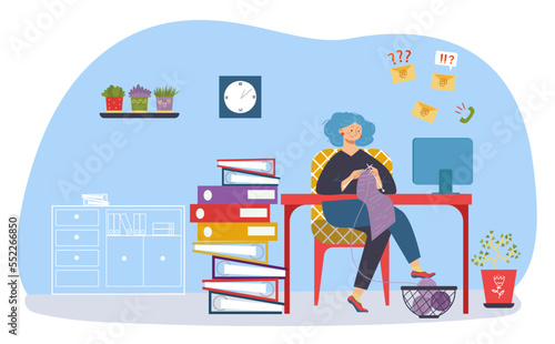 Woman procrastination at home work, vector illustration. Business woman worker charcater knit near computer freelance job at room.