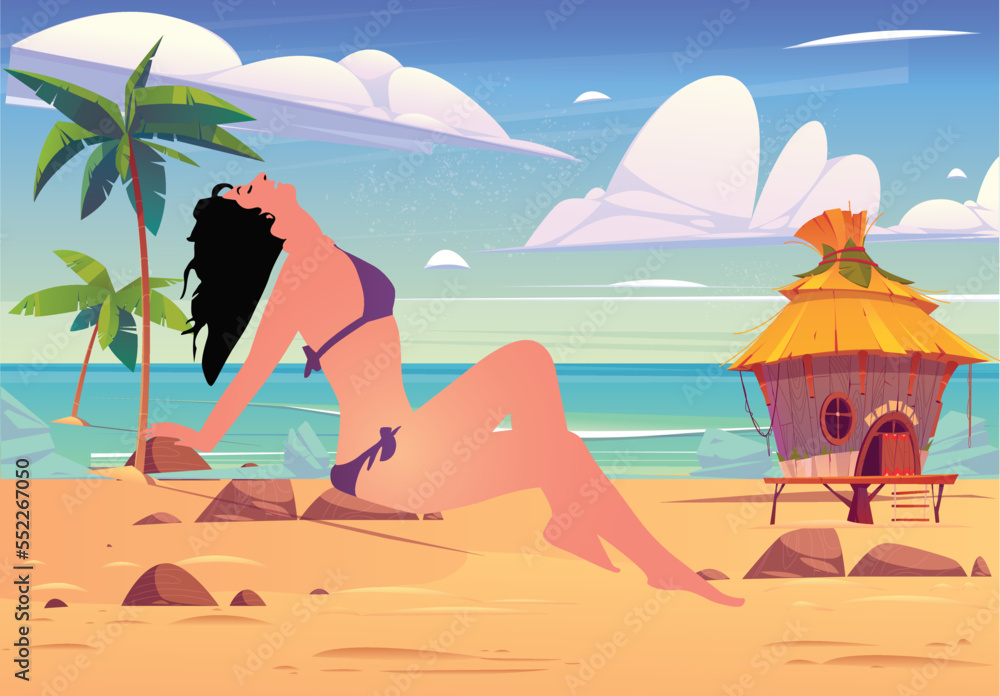 Happy bikini girl at the beach with bungalow illustration design