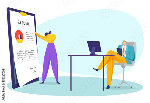 Recruitment agency make resume, vector illustration, preparation to job employment interview, tiny woman character show cv document.