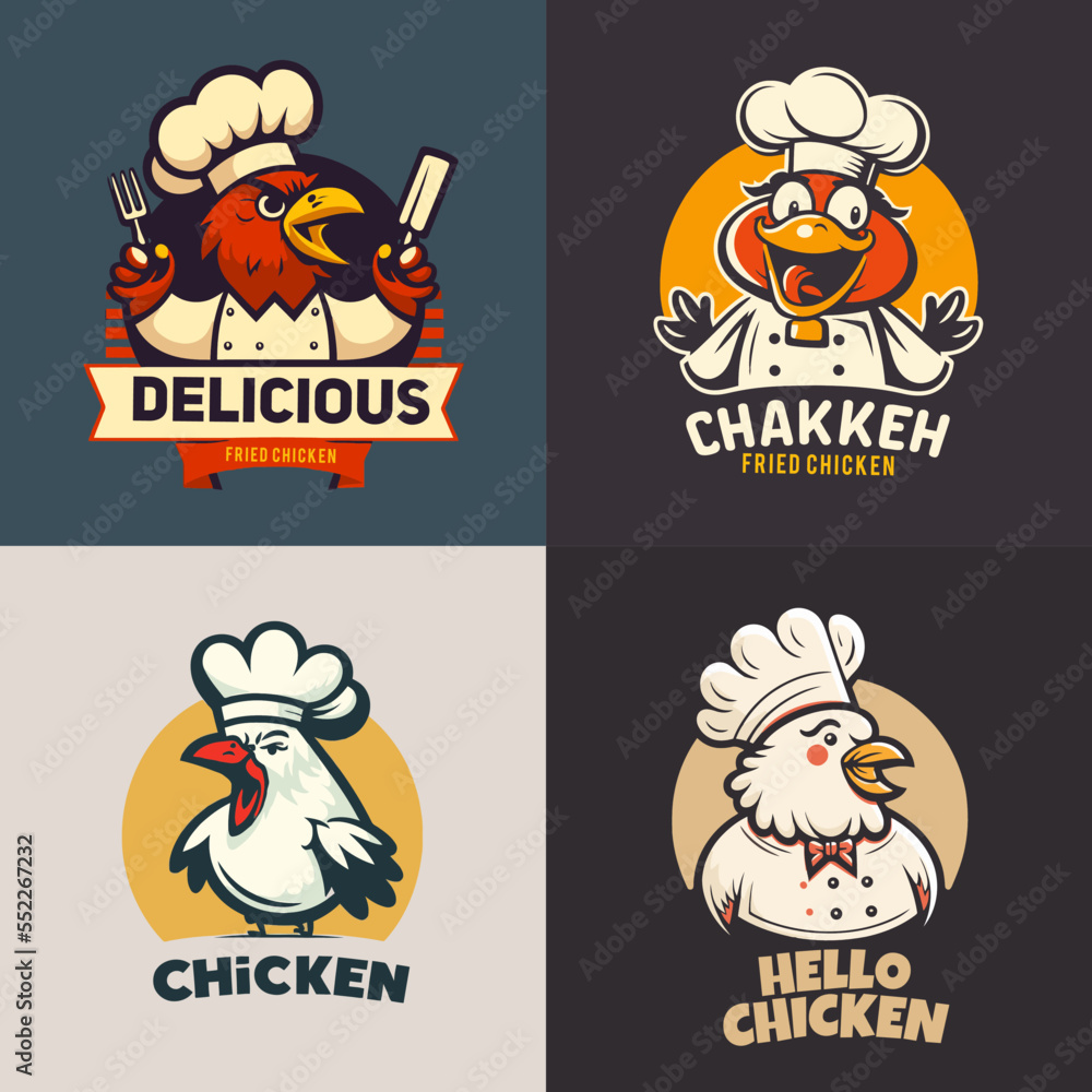 illustration of fried chicken rooster chef mascot logo for food restaurant concept branding in vector cartoon style