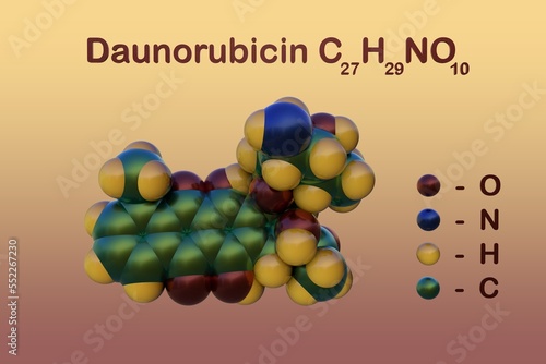 Structural chemical formula and space-filling molecular model of daunorubicin, an antracycline antibiotic and anti-cancer drug. Scientific background. 3d illustration photo