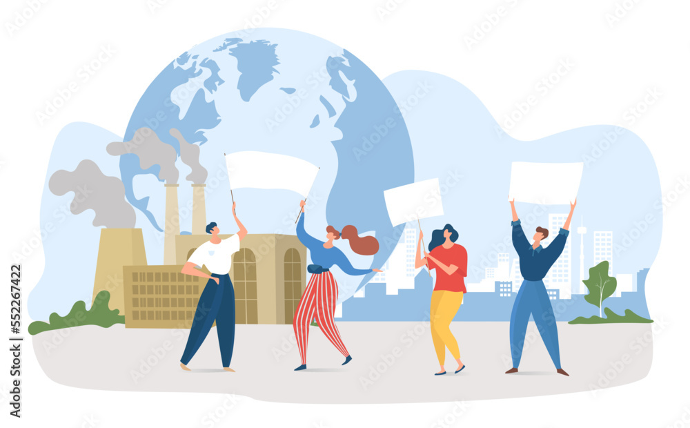 Environment planet protest concept, vector illustration, flat people character hold banner at save planet eco demonstration, active people Environment planet protest concept, vector illustration, flat people character hold banner at save planet eco demonstration, active people
