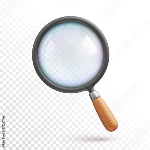 Cartoon magnifying glass with wooden handle and reflection on lens. 3d vector icon on transparent background