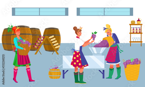 Wine alcohol production at factory, vector illustration, flat woman character work at winery, making beverage from grape, pour drink in wooden barrel