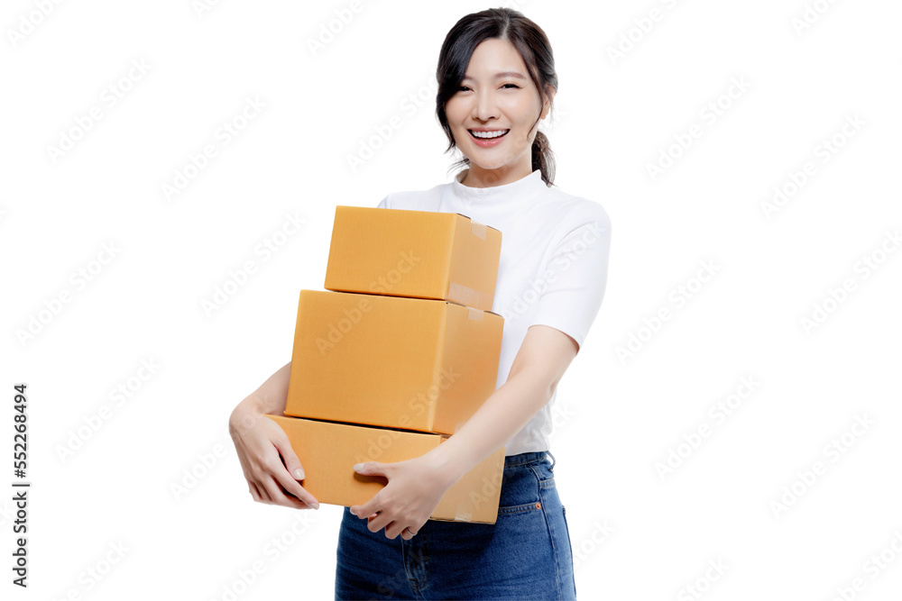 Happy Asian girl holding package parcel boxs isolated on transparent background, PNG file format. Delivery courier and shipping service concept. - obrazy, fototapety, plakaty 