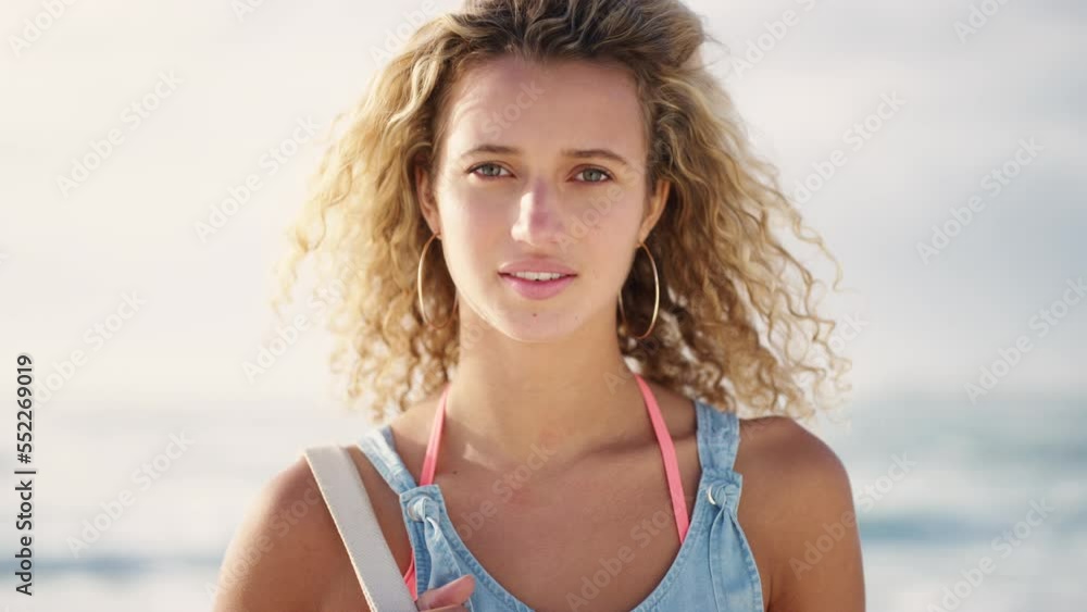 Face, woman and calm with curly hair at beach, summer travel and vacation, holiday or sunshine in Miami Florida. Portrait, gen z and young female relax at sea, wind and ocean for freedom and wellness Face, woman and calm with curly hair at beach, summer travel and vacation, holiday or sunshine in Miami Florida. Portrait, gen z and young female relax at sea, wind and ocean for freedom and wellness