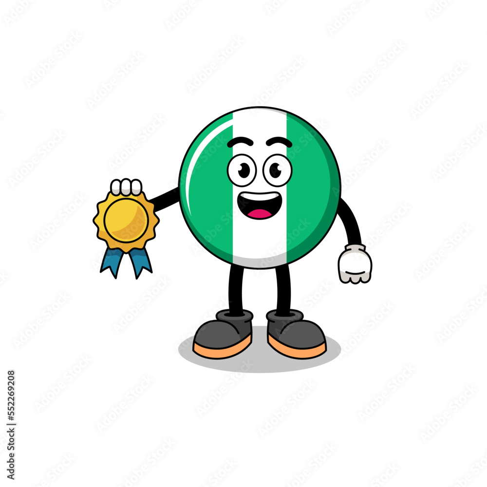 Fototapeta premium nigeria flag cartoon illustration with satisfaction guaranteed medal