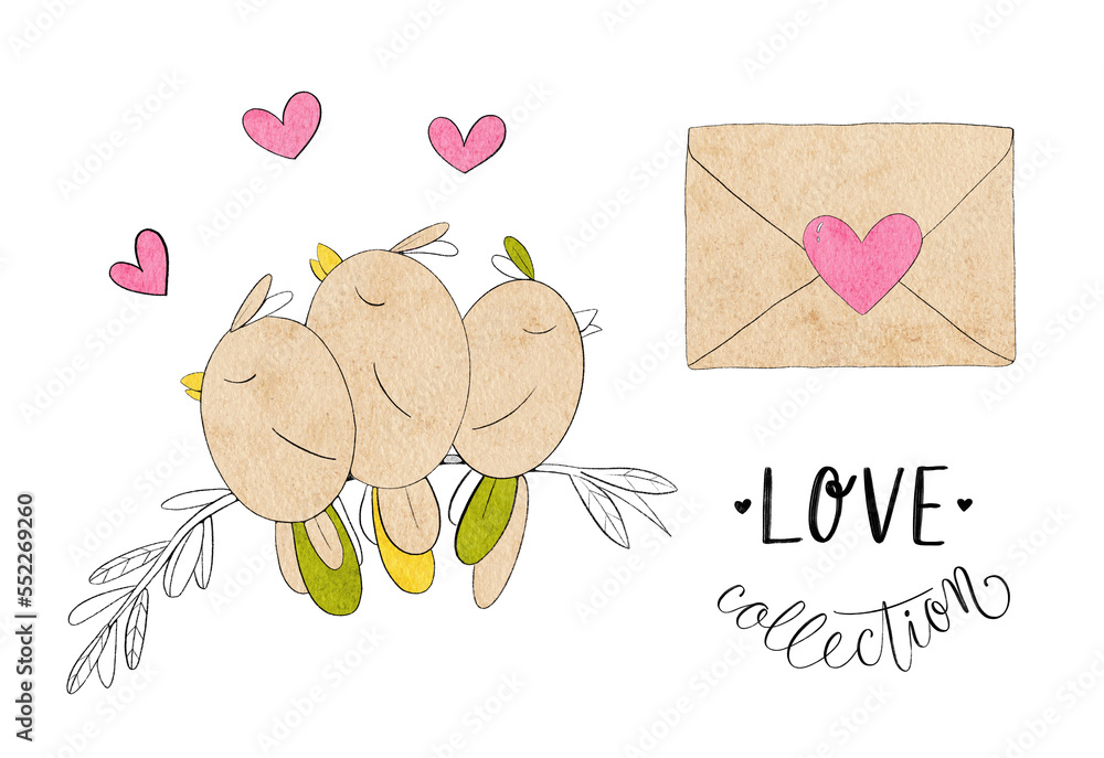 Fototapeta premium Love collection. Set on valentines day. Watercolor illustration of hand drawn elements with flowers, hearts, leaves, plants, ribbons, lettering, birds, envelope