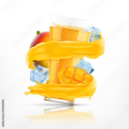 Mango juice splash with glass and ice cubes