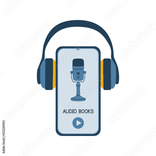 Audiobooks concept. Headphones and smartphone with microphone on screen. Listening to e-books in audio format. Books online. Hand drawn flat vector illustration isolated on white background