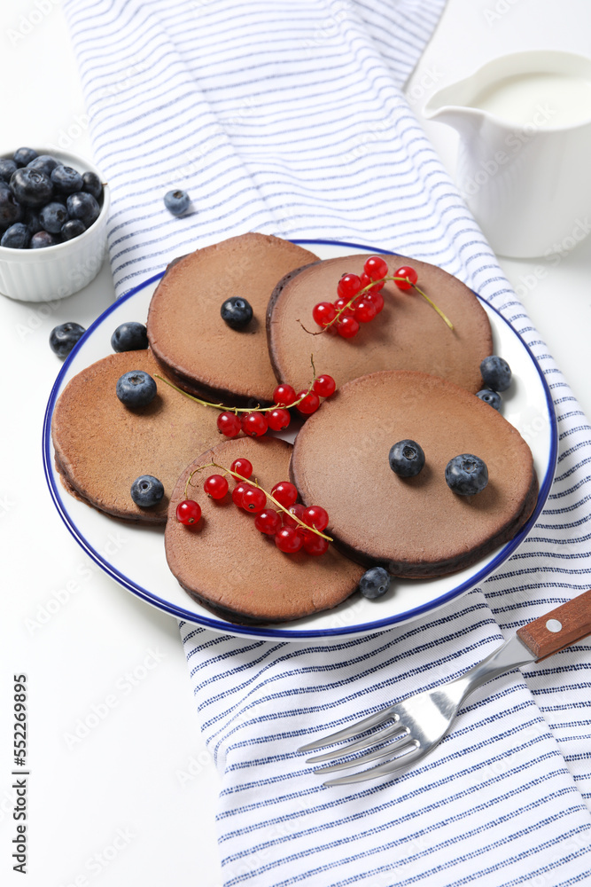 Concept of sweet food, tasty chocolate pancakes Concept of sweet food, tasty chocolate pancakes