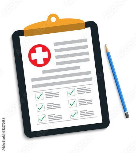 Clipboard with medical cross and pen. Clinical record, prescription, claim, medical check marks report, health insurance.1