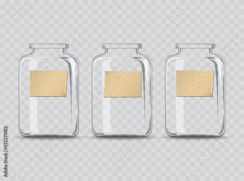3 glass bottles with blank label paper for message or wording.Vector illustration management concept.