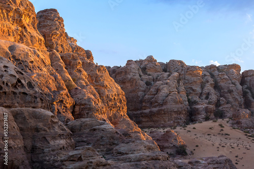 Landscape with sandstone rocks in little petra archaeological site  Jordan
