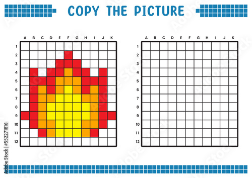 Copy the picture, complete the grid image. Educational worksheets drawing with squares, coloring areas. Children's preschool activities. Cartoon vector, pixel art. Burning fire symbol illustration.