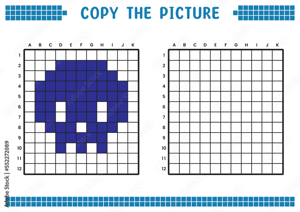 Fototapeta premium Copy the picture, complete the grid image. Educational worksheets drawing with squares, coloring cell areas. Children's preschool activities. Cartoon vector, pixel art. Skull head symbol illustration.