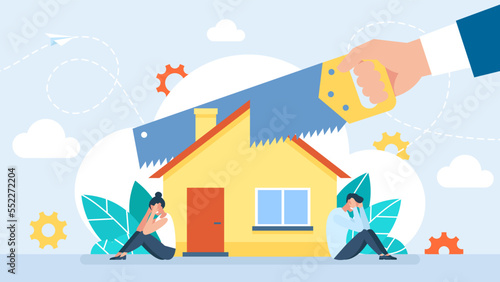 Property Division. Section Concept. Man holding a saw in hand cut house. Husband and wife are crying. Dissolution of the marriage contract. Property division. Real Estate Divide. Vector illustration 